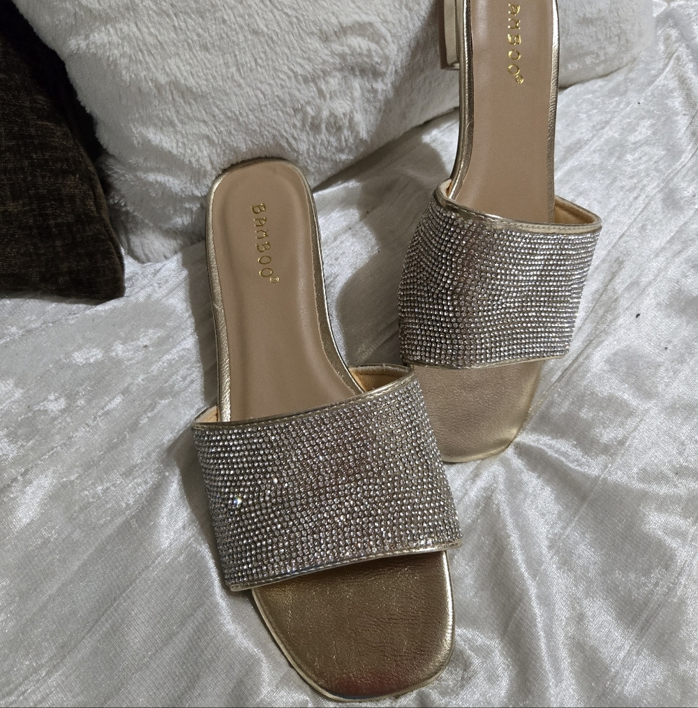 Bamboo Gold Rhinestone Slide Sandals Size 8 Worn Once!